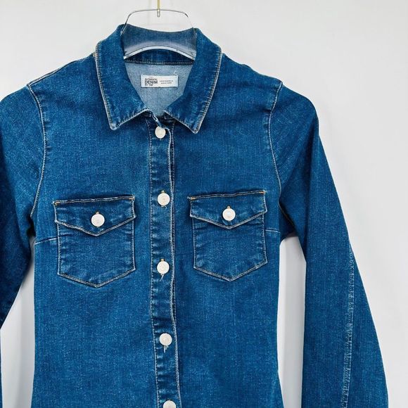 Zara TRF Size Medium Dark Wash Long Sleeve Button Down Denim Mini Dress - Picture 6 of 11